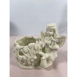 Angel Playing A Harp With A Bunny. Votive Candle Holder White Ceramic